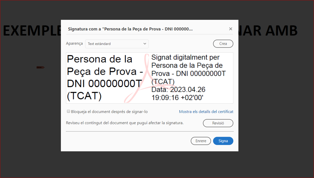 Captura de pantalla d'exemple de signatura a punt per ser col·locada.